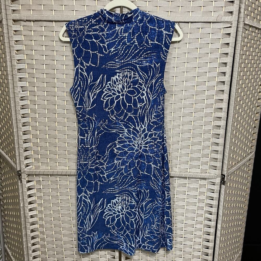 TOMMY BAHAMA BIMINI COWL NECK DRESS Women’s S Navy Print Slinky Knit Sleeveless - Picture 2 of 9